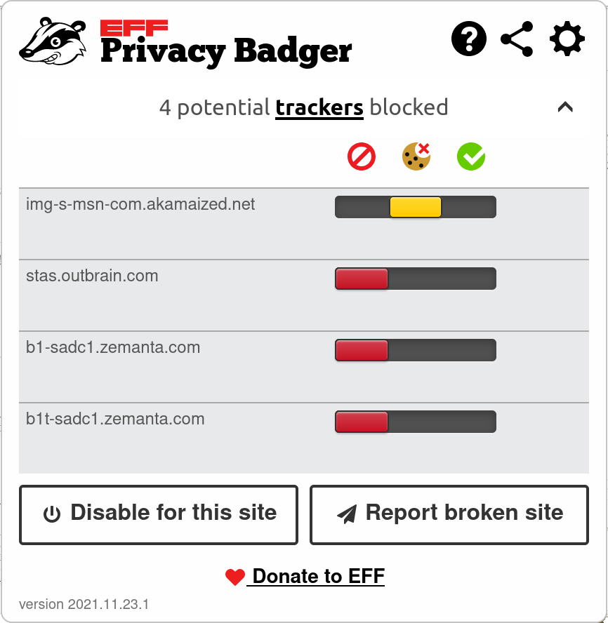 Results of the EFF's Privacy Badger run on the Bing homepage
