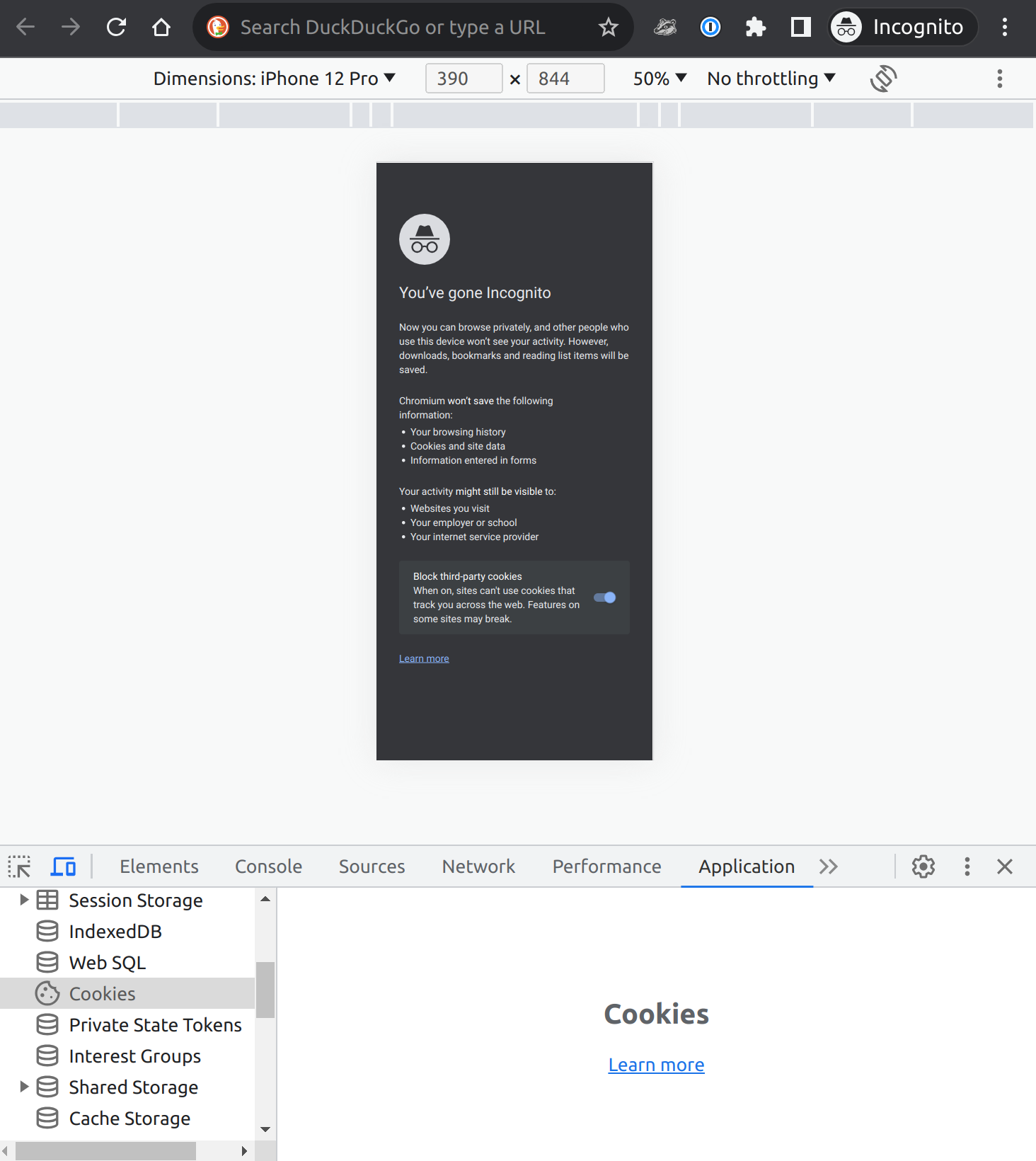 Chrome incognito window with developer tools for simulating mobile devices and controlling cookies