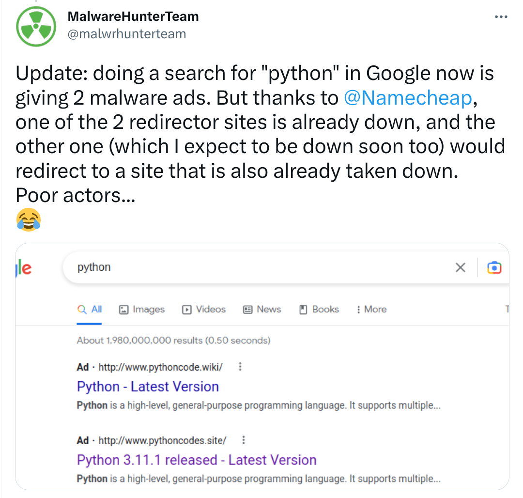 Malware being advertised ('malvertising') in Google search ads