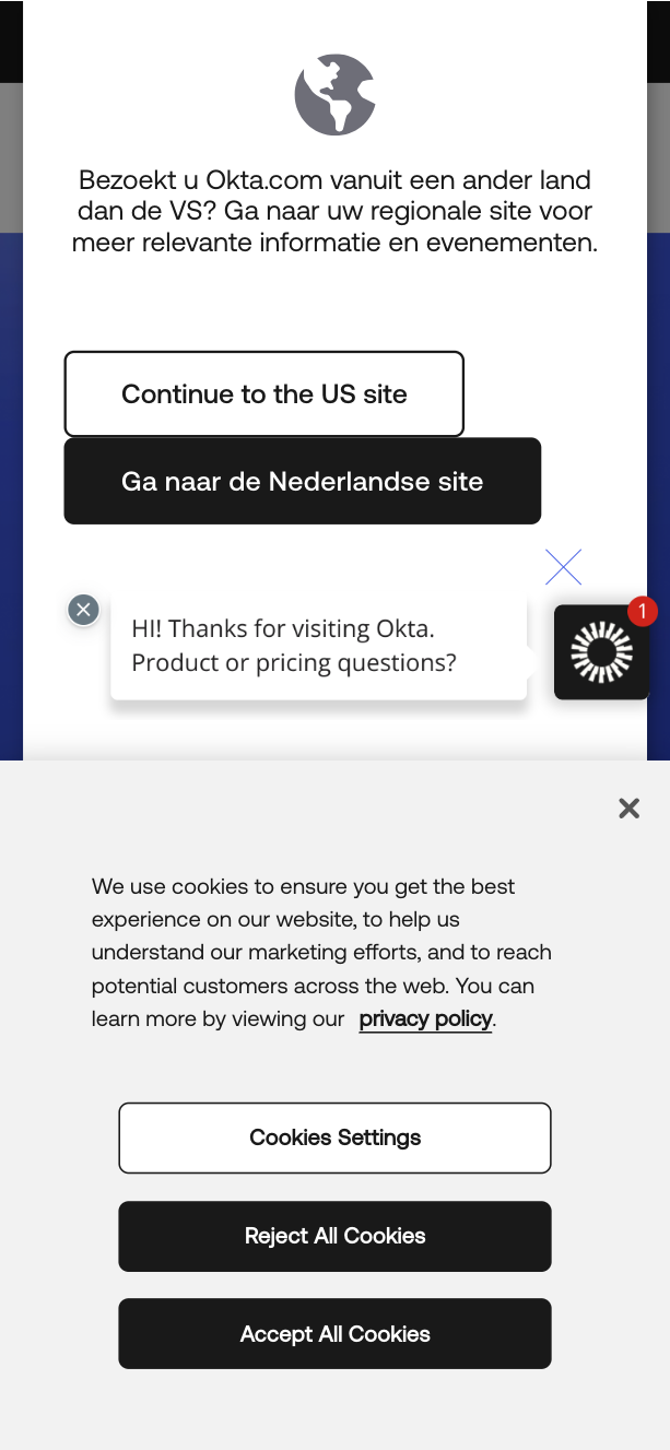 Landing page for an Okta ad campaign as viewed from the Netherlands via a VPN
